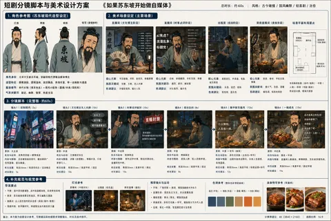 Multi-panel storyboard of Su Dongpo in self-media scenarios, AI generated