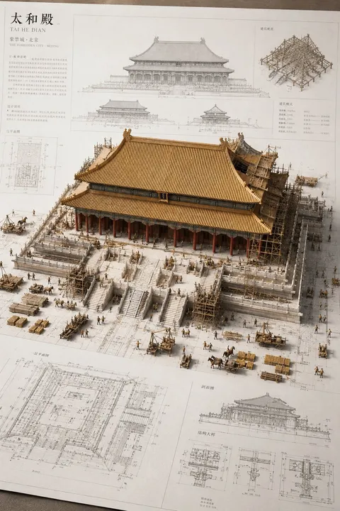 Miniature construction model of the Hall of Supreme Harmony with blueprints, AI generated