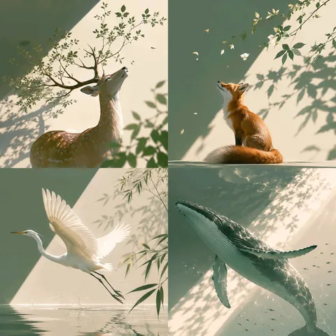Four-panel minimalist illustration: spotted deer, red fox, white egret, humpback whale, generated with 通用 / 未注明