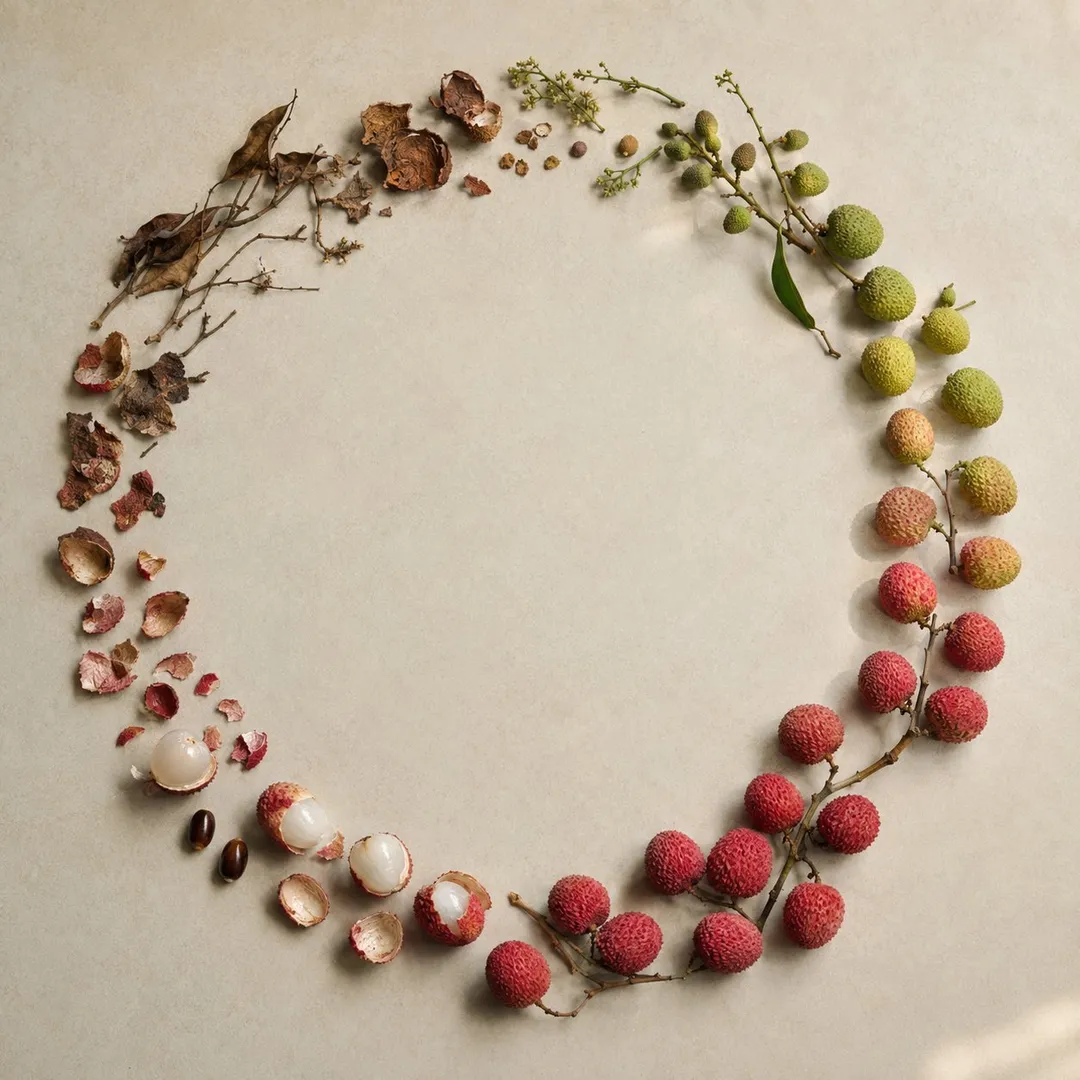 Circular life cycle of lychee from withered to ripe, AI generated