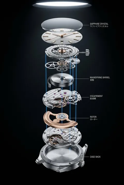 Exploded Swiss mechanical watch diagram with blue connecting lines on black background, AI generated