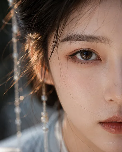 Extreme close-up of an adult woman's eye showing authentic skin texture and natural lighting, generated with 通用 / 未注明