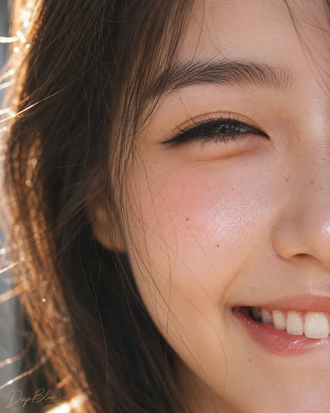 Extreme close-up of a young woman smiling and winking, authentic skin texture and natural lighting, generated with 通用 / 未注明