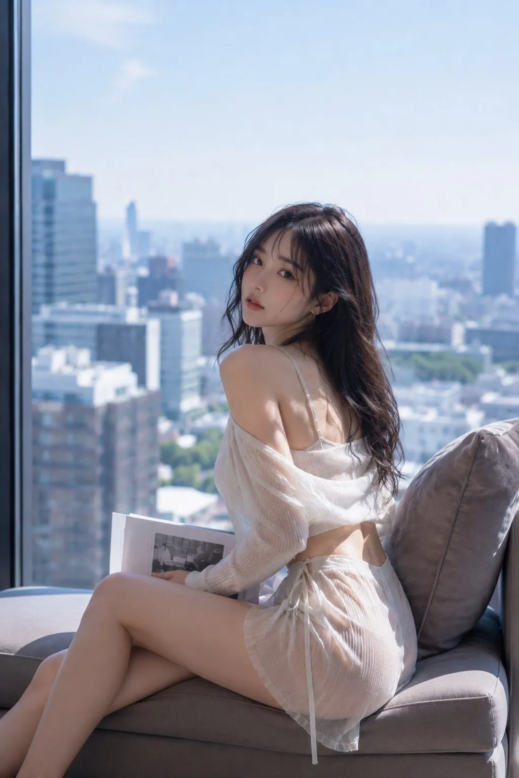 Young woman seated on sofa by window, glancing back at city view, generated with GPT Image 2