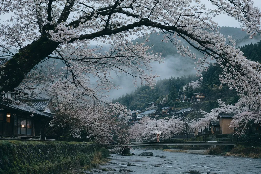 Traditional village and river framed by cherry blossom branches, AI generated