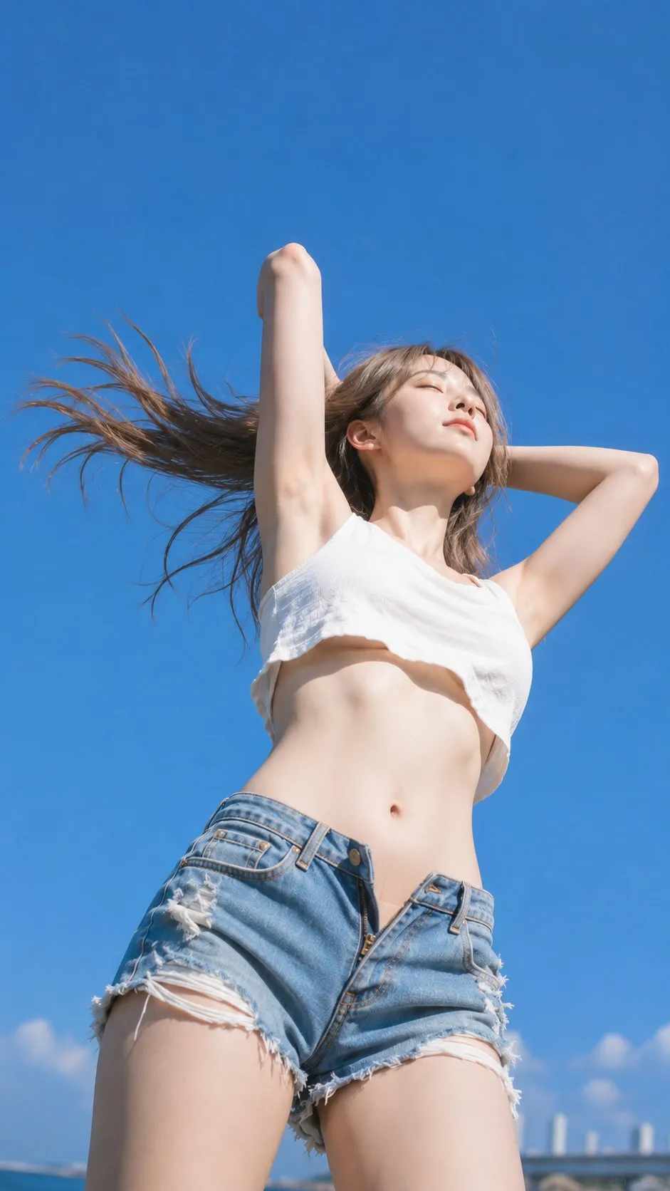 Low-angle view of a woman in white crop top and denim shorts under blue sky, generated with GPT Image 2