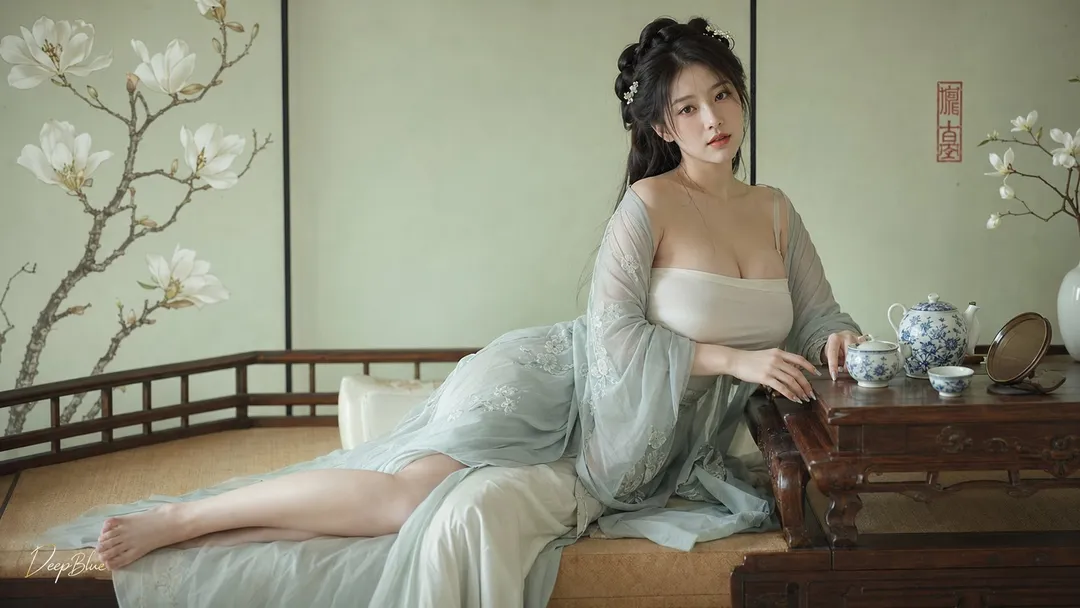 Young woman in pale blue-gray hanfu reclining on wooden couch beside porcelain tea set and magnolia screen, generated with 通用