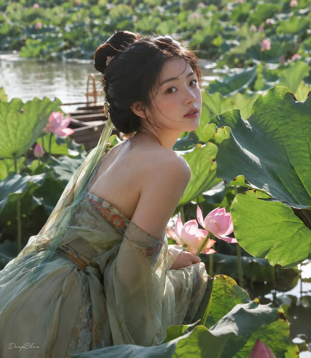 荷塘中回眸的成年女性，浅绿罗裙，阳光透过荷叶｜通用 / 未注明 生成