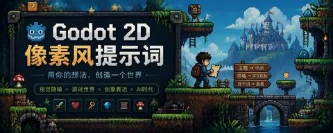 Godot 2D像素风海报，展示冒险角色与城堡场景｜AI 生成