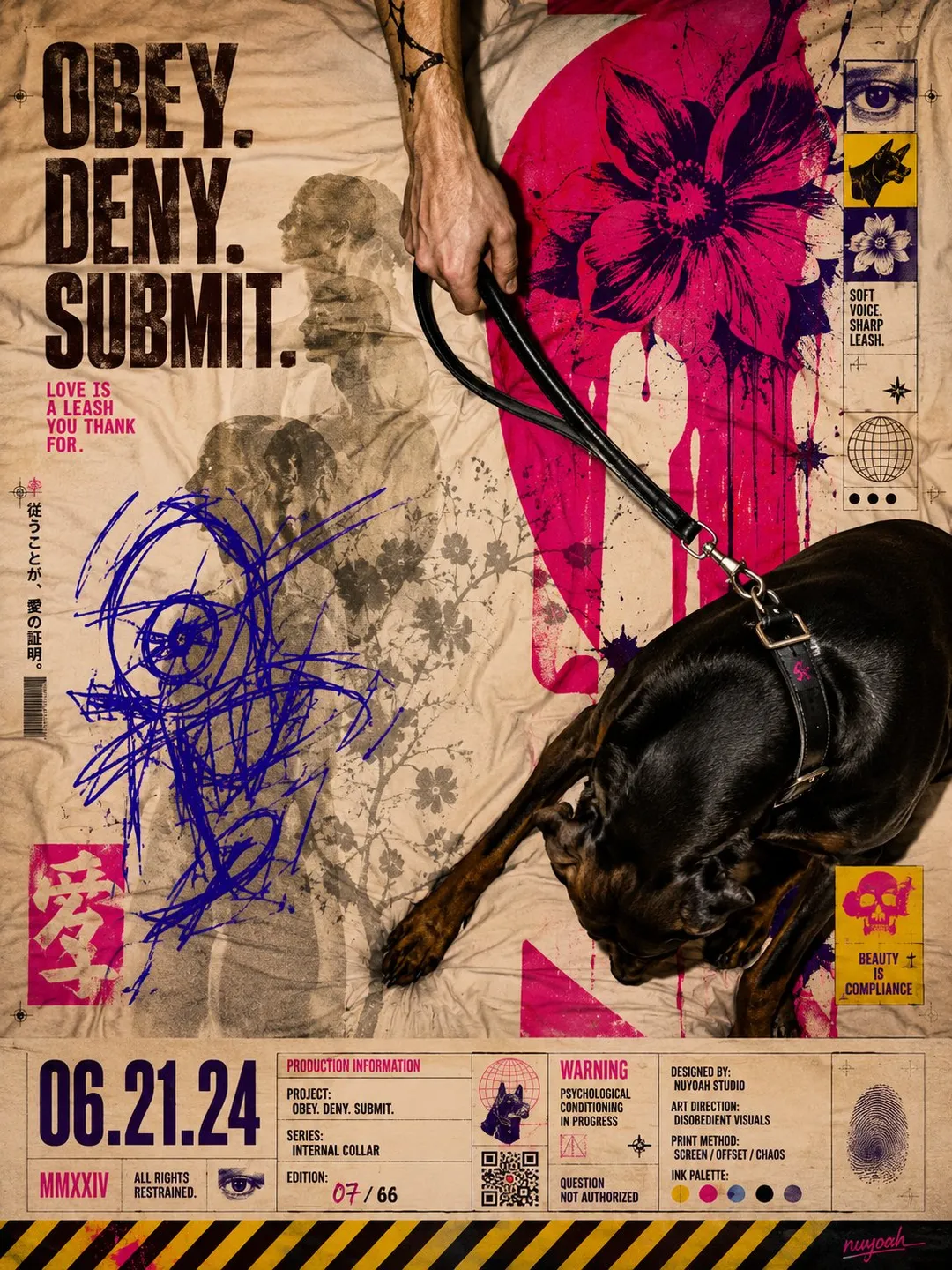 Collage poster with hand, leash, dog and bold text, AI generated