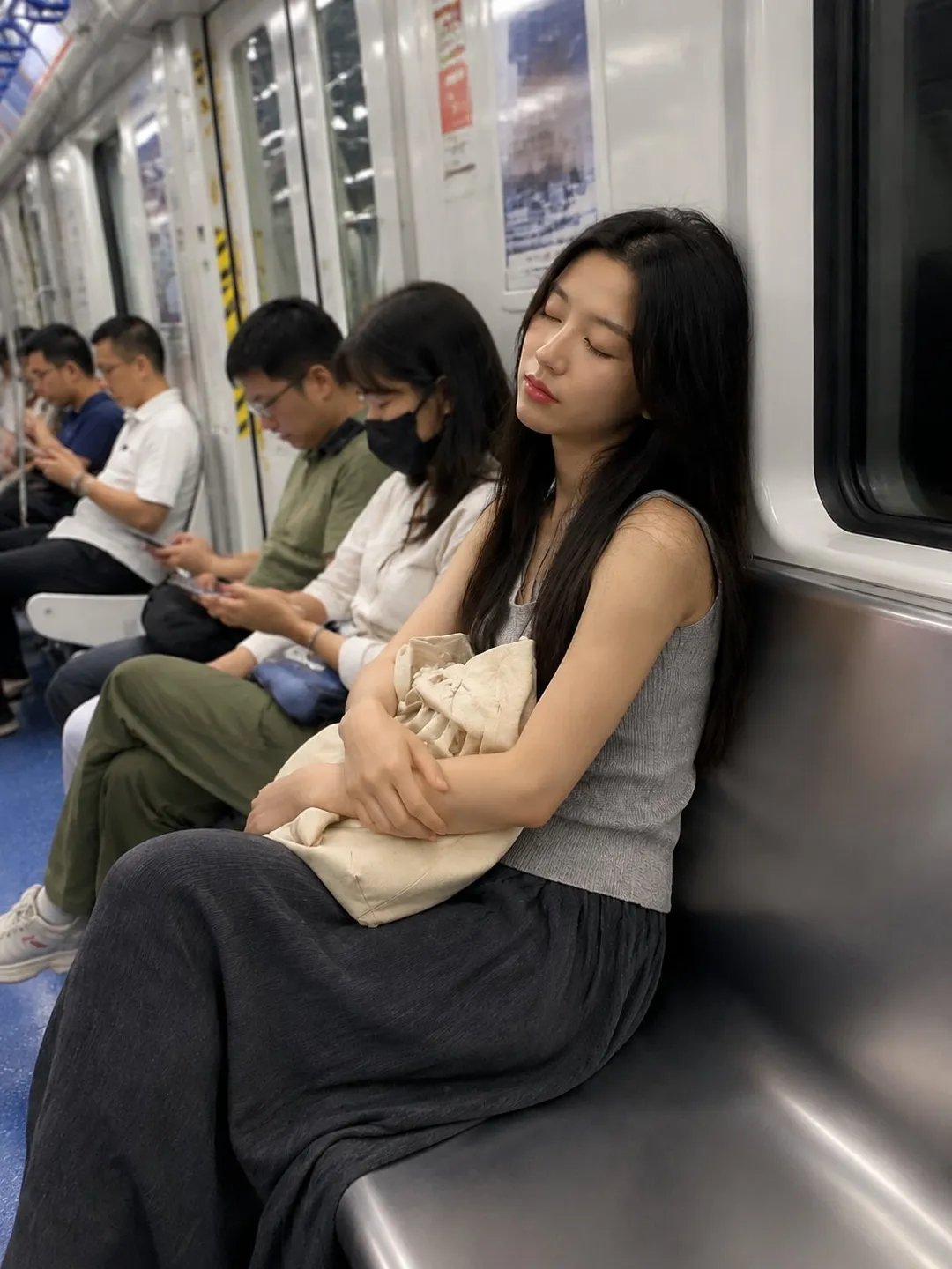 地下鉄の車内で目を閉じて休息する若い女性の横顔｜GPT Image 2 で生成