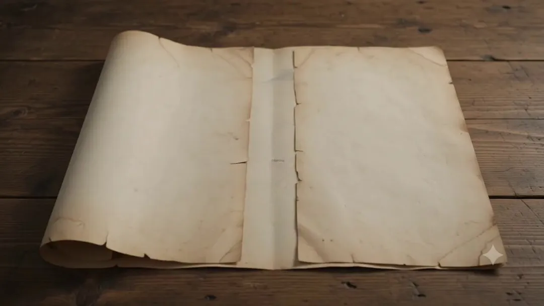 Pergamino antiguo en blanco desplegado sobre una mesa de madera con bordes curvados, generado con IA