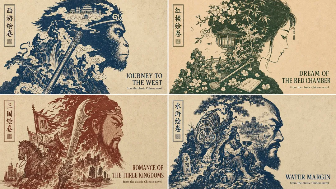 A 2x2 grid poster of the Four Great Classical Novels in retro Chinese woodblock silhouette style, generated with 通用 / 未注明