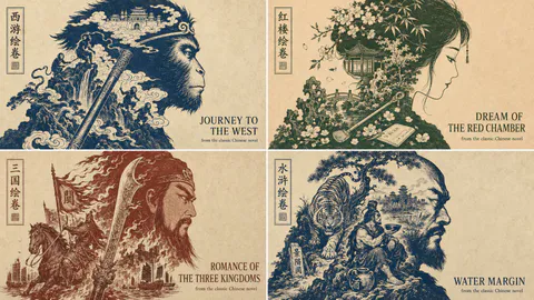 中国四大名著复古木版画剪影四宫格海报, generado con 通用 / 未注明