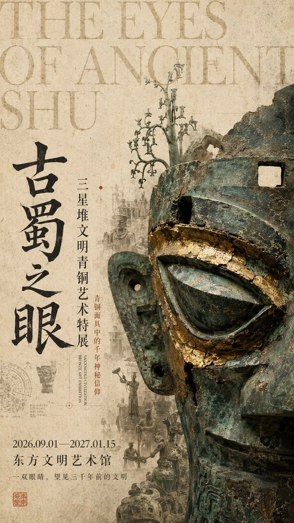 Póster de exposición de máscara de bronce de Sanxingdui con ojos saltones y lámina de oro a la derecha, con caligrafía vertic