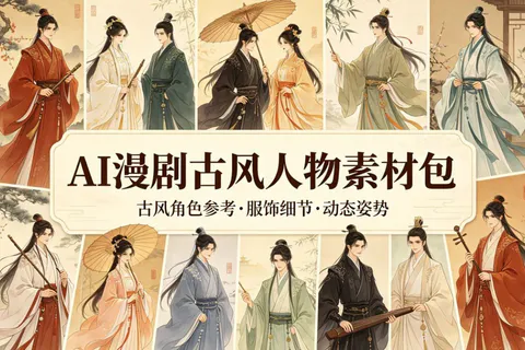 多位身着传统汉服的古风男女角色立绘拼图与宣传文字, generado con IA