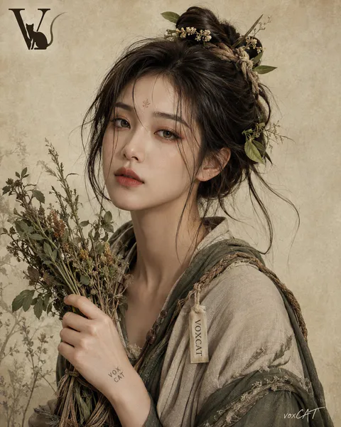 身穿粗麻衣的年轻女性手持草药的侧颜肖像, generado con IA