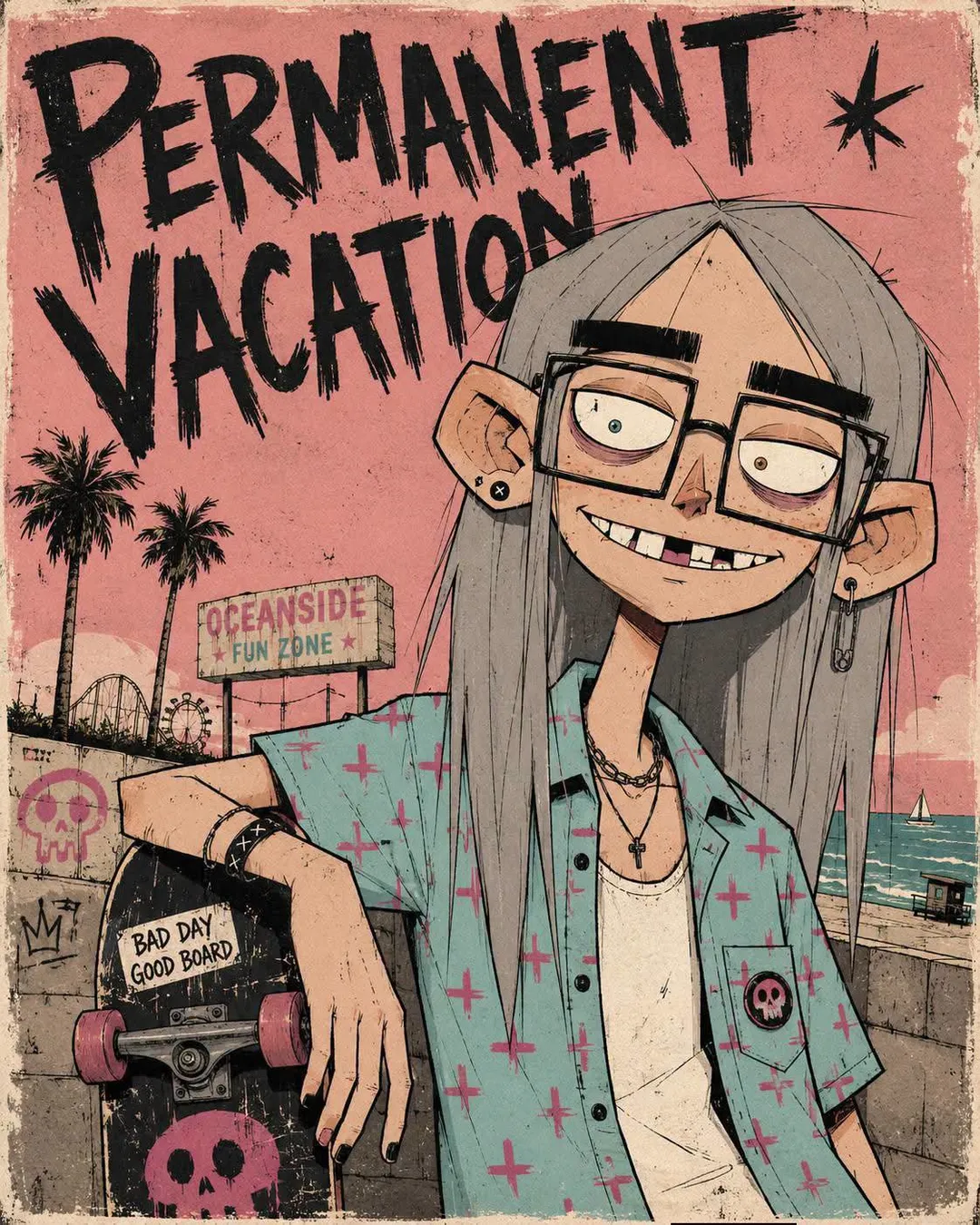 Alternative punk character with long grey hair, glasses, and a skateboard on a retro poster, generated with GPT Image 2