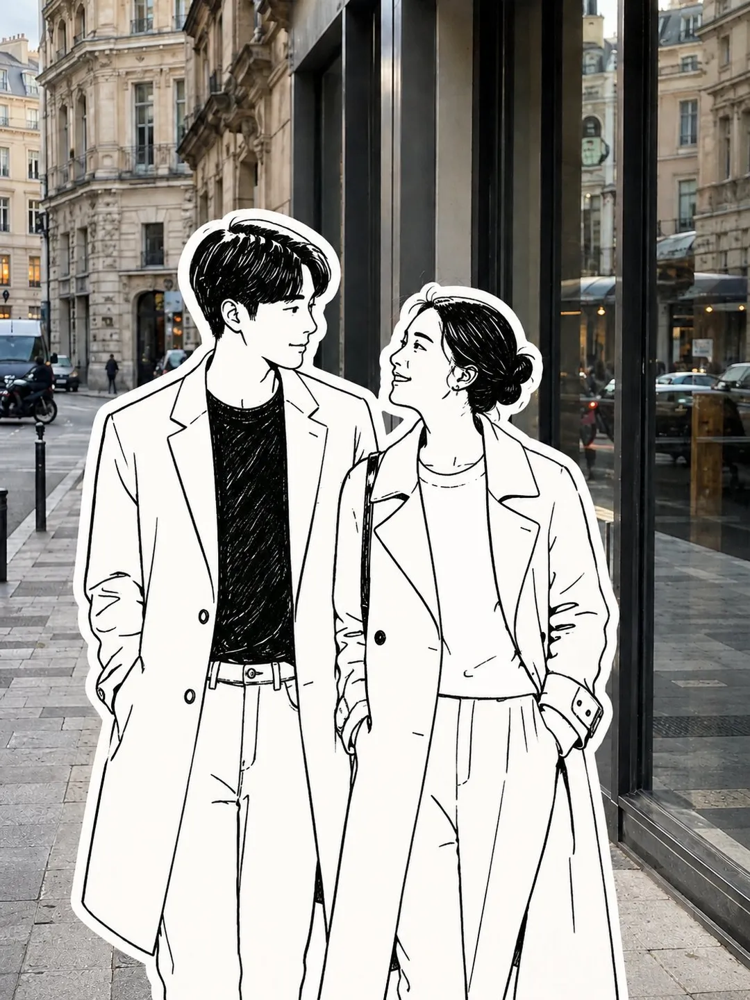 繁忙城市街道上行走的行人们被替换成黑白插画贴纸|通用 / 未注明 生成