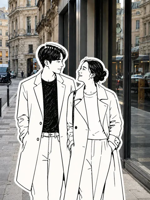 繁忙城市街道上行走的行人们被替换成黑白插画贴纸, generado con 通用 / 未注明