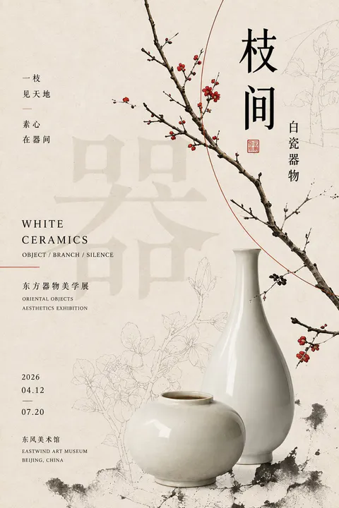 暖白宣纸底色上海报展示白瓷瓶、红梅枯枝与宋体文字排版, generado con GPT Image 2