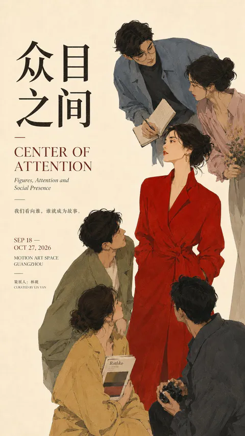 手绘插画风格海报，穿红风衣的女性被周围多位男女的目光注视, generado con GPT Image 2
