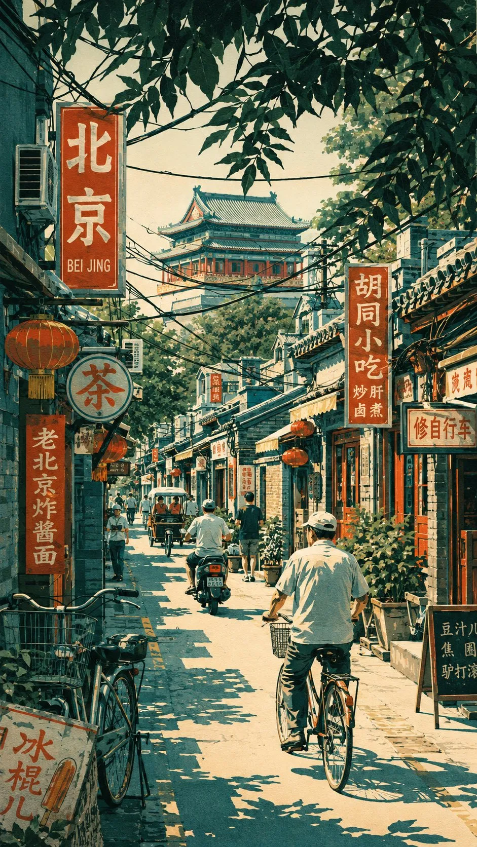 上海街道复古旅行海报插画，梧桐树荫掩映下的东方明珠天际线｜通用 / 未注明 生成