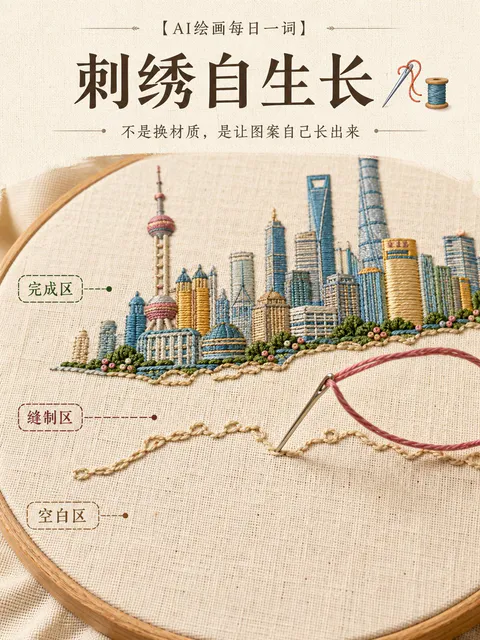 绣绷中正在刺绣的上海城市天际线，针线正在下方逐步缝制｜通用 / 未注明 生成