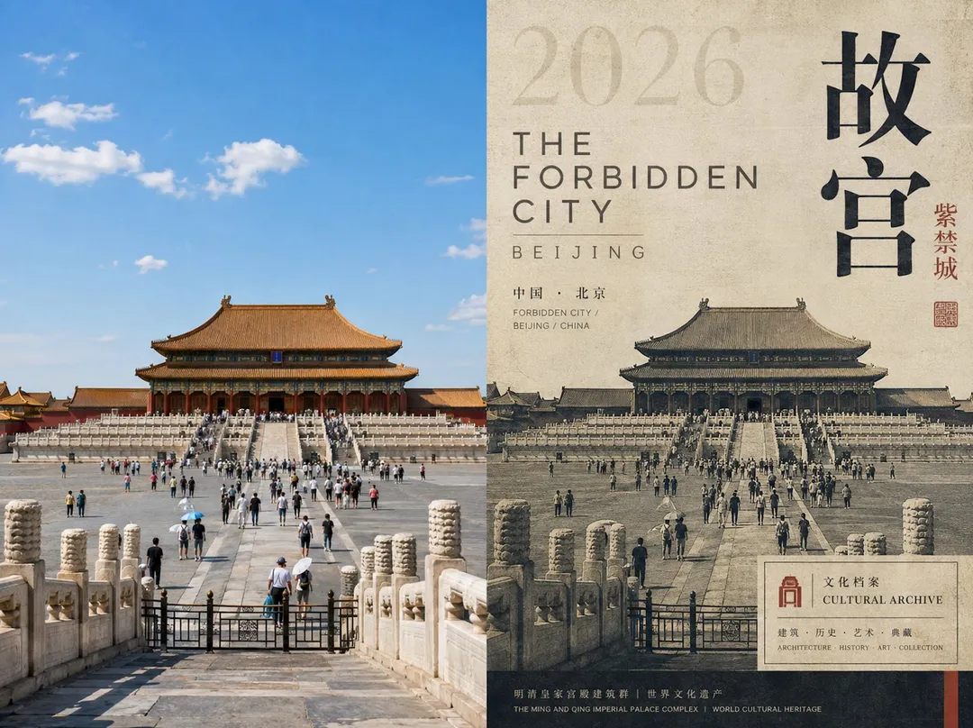 Comparación del Salón de la Suprema Armonía en la Ciudad Prohibida de Pekín: foto real vs. póster estilo archivo cultural, ge
