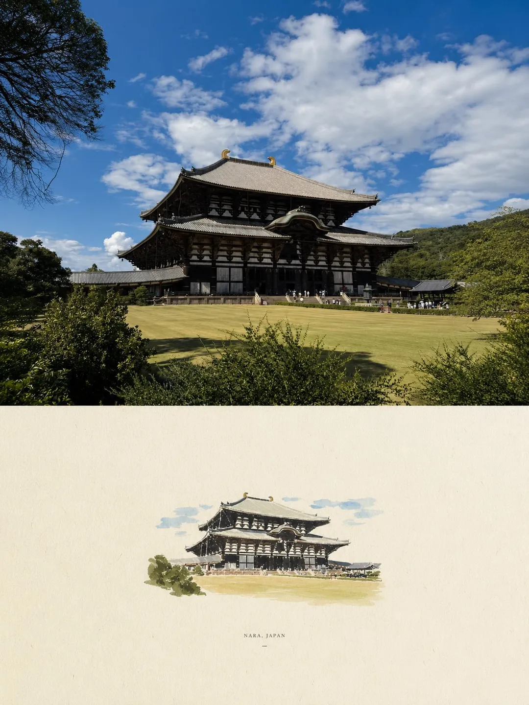Arriba: foto real del templo Todai-ji en Nara bajo cielo azul; abajo: ilustración correspondiente en postal de acuarela, gene