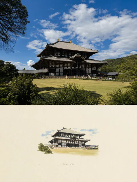 上方为蓝天下奈良东大寺的真实摄影，下方为对应的水彩明信片插画, generado con IA