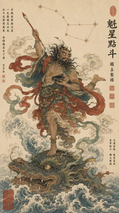工笔重彩风格的魁星手执朱笔立于鳌头之上，配有北斗星宿与题跋, generado con GPT Image 2
