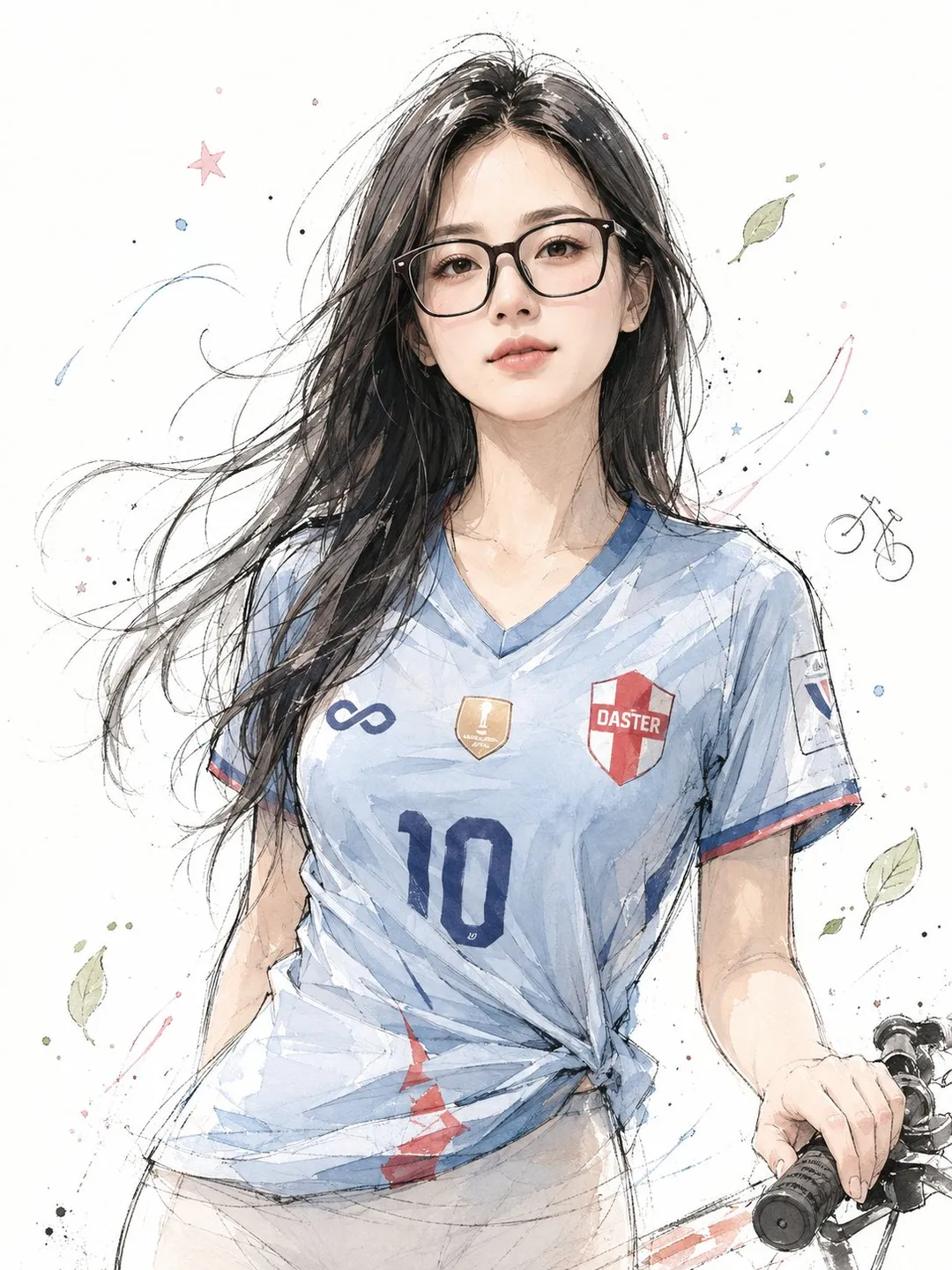 Ilustración doodle japonesa, retrato de mujer joven con gafas y camiseta azul, generado con 通用 / 未注明