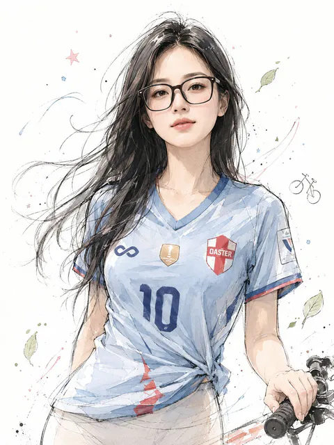 手绘涂鸦风日系插画，戴眼镜穿蓝色球衣的年轻女子半身像, generado con 通用 / 未注明