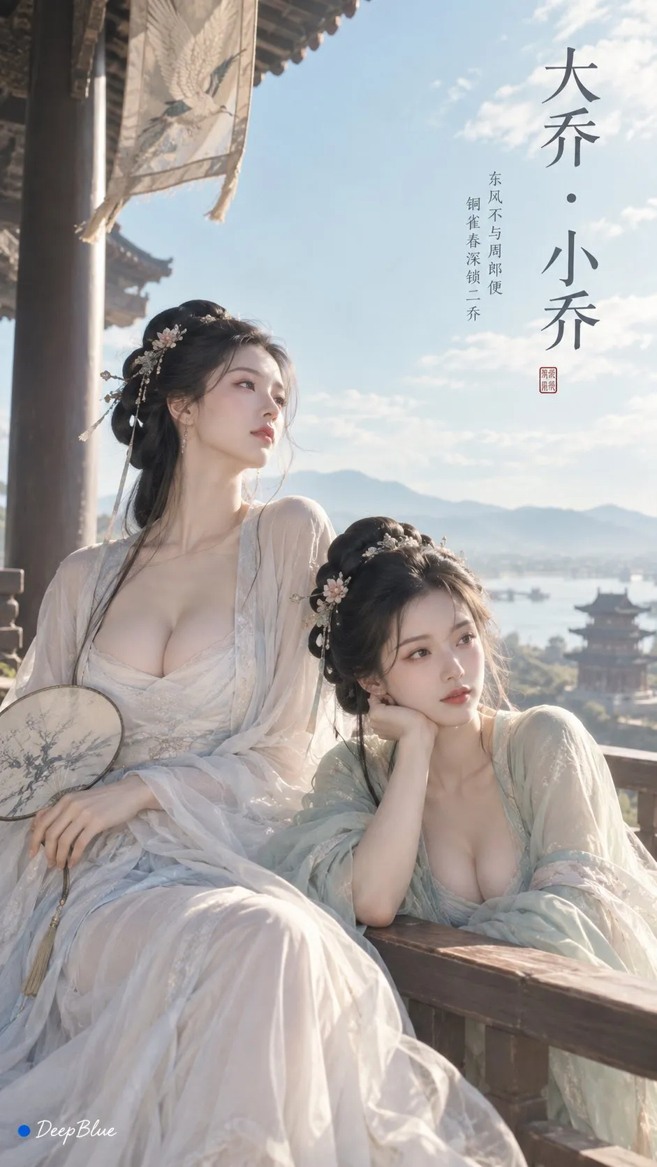 Two young women in sheer Hanfu robes leaning by an antique balcony with deep cleavage visible and Chinese calligraphic typogr