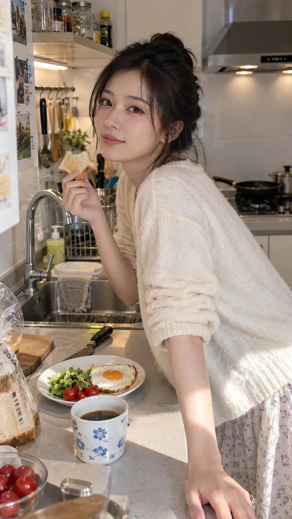 A young woman in a loose sweater and casual shorts standing in an apartment kitchen looking at the camera, generated with 通用