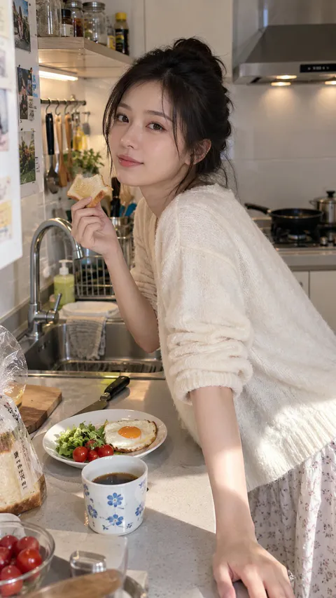 年轻女性身穿宽松毛衣与灰色短裤站在现代公寓厨房内，手拿吐司望向镜头｜通用 / 未注明 生成