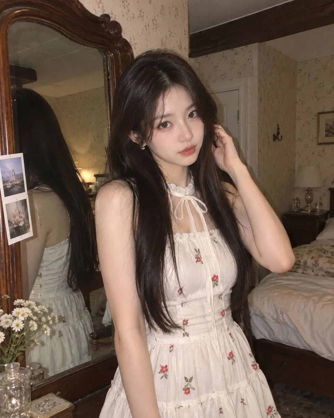 A young woman with long dark hair in a floral embroidered dress standing beside a vintage mirror in a bedroom, generated with