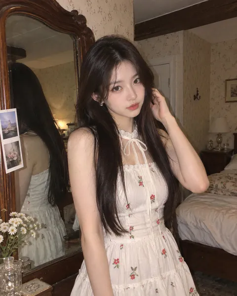 一位年轻长发女性身穿碎花白色长裙站在复古卧室木框镜子旁｜GPT Image 2 生成