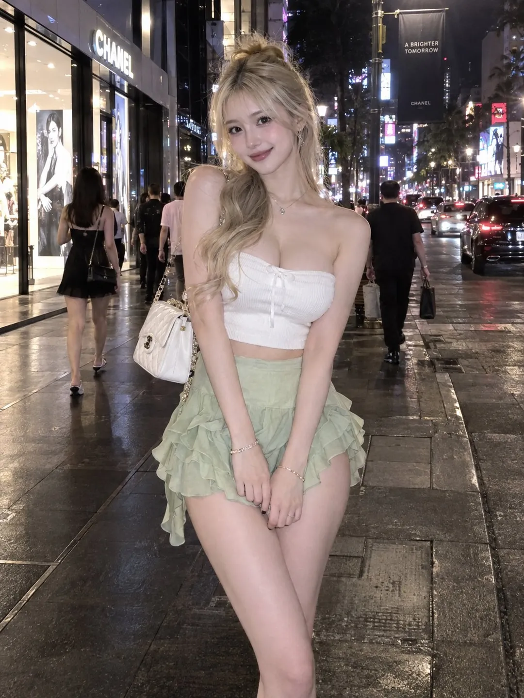 A young blonde woman smiling at the camera on an illuminated city street at night, wearing a white tube top and green ruffled