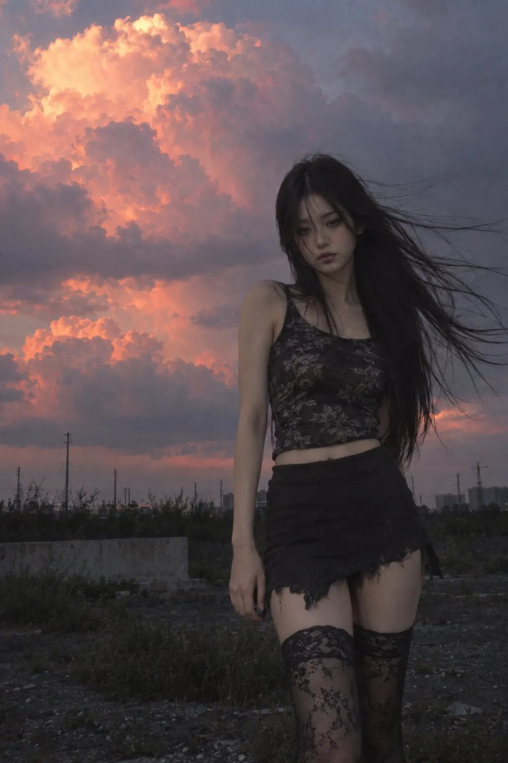 A young long-haired East Asian woman in a black crop top and skirt standing against dramatic pink-orange sunset clouds, gener