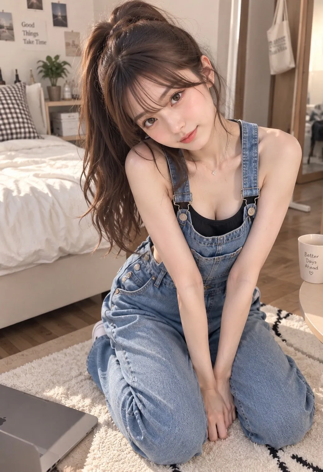 Young Japanese woman kneeling on a bedroom rug wearing denim overalls and a black tank top, generated with 通用 / 未注明