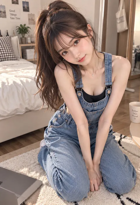年轻女性扎着高马尾跪坐在卧室地毯上，身穿牛仔背带裤与黑色吊带背心｜通用 / 未注明 生成