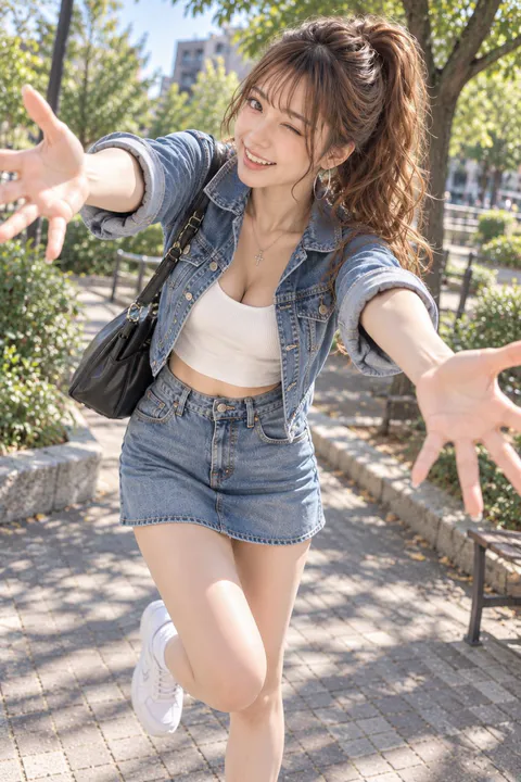 年轻女性身穿牛仔外套与短裙在公园张开双臂欢快奔跑抓拍｜通用 / 未注明 生成