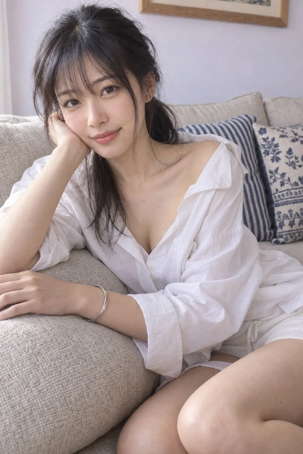 一位年轻东亚女性身穿宽松白色衬衫，斜靠在米色沙发上微笑｜GPT Image 2 生成