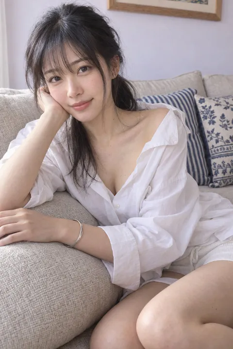 A young East Asian woman in an oversized white shirt leaning against a beige sofa with a gentle smile, generated with GPT Ima