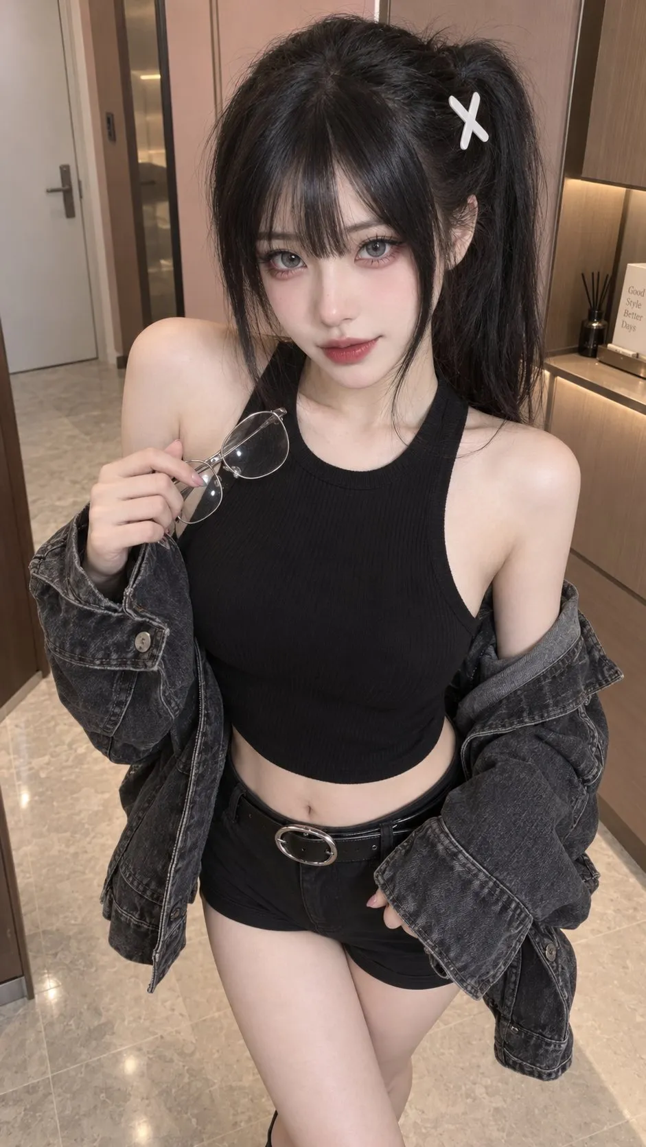 年轻女性身穿黑色露脐背心与牛仔夹克，在室内手持细框眼镜俯视镜头｜通用 / 未注明 生成