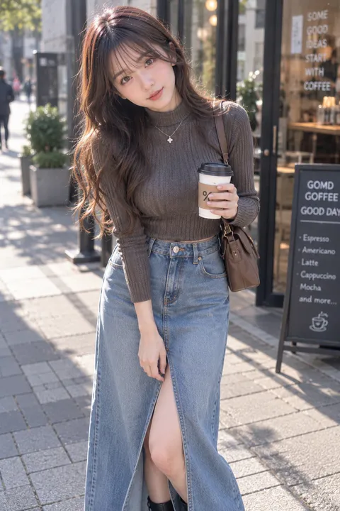 年轻成年女性站在咖啡馆外，身着深色针织衫与前开衩牛仔长裙，手持咖啡｜通用 / 未注明 生成