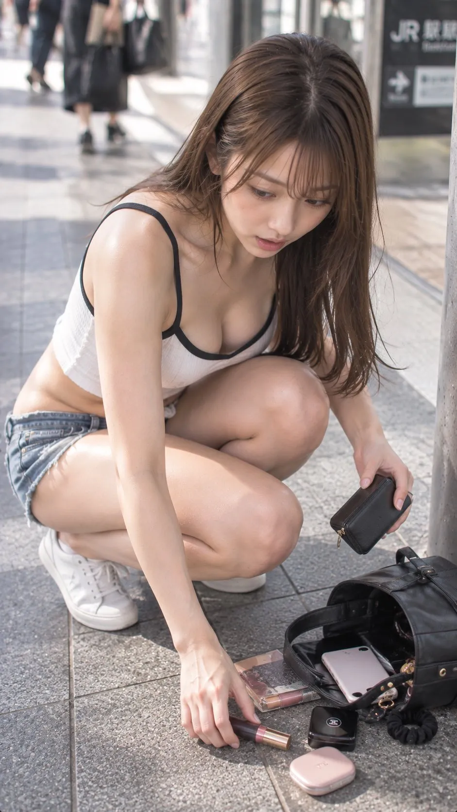 年轻女性蹲在车站前地面慌忙捡拾散落的化妆品与物品,俯拍视角显露领口与身材|通用 / 未注明 生成