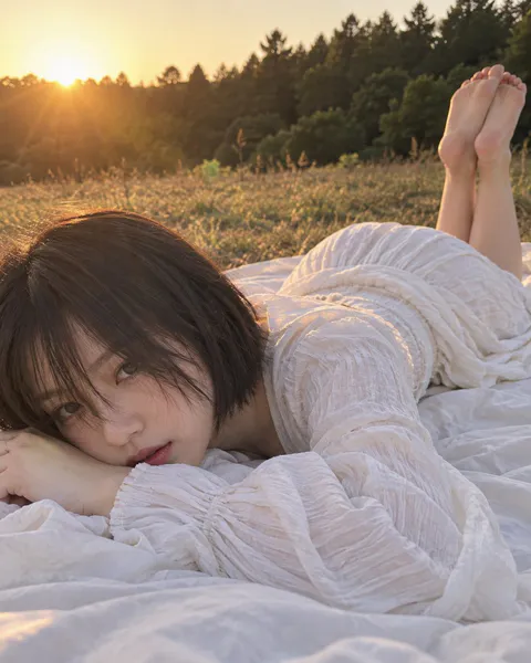 一名短发年轻女性身穿白色长裙趴卧在草地的白色野餐布上，夕阳逆光沐浴全身｜通用 / 未注明 生成